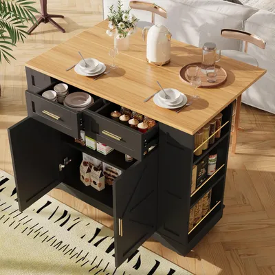 Obrázok produktu pre Kuchynský vozík 120x40-65x90 cm s výklopnou pracovnou doskou, 2 zásuvkami, 2 dvierkami, kolieskami, čierna farba