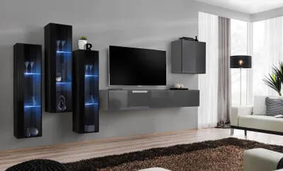 Produktbild von Designer Grau Wohnwand TV Ständer Komplett Hochglanz Sideboard Wand Schrank