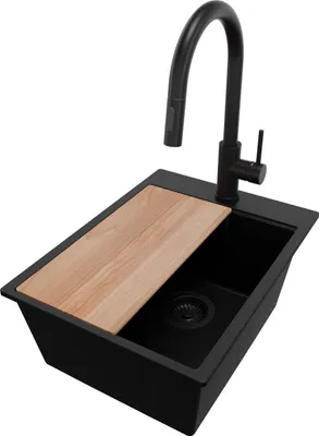 Produktbild von PRIMAGRAN Granitspüle Alles Schwarz 38x50cm, Spülbecken 1 Becken + Küchenarmatur 40x20cm + Ablauf-Set + Schneidebrett, Küchenspüle ab 40er Unterschrank - Oslo