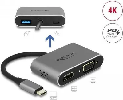 Image de Delock 64074 DELOCK Adapter USB-C > HDMI/VGA/USB3.0/PD 0.12m grau