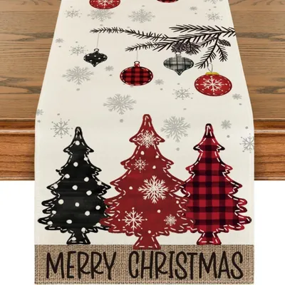 Produktbild von Weihnachtsdekoration mit roten Bäumen, Tischläufer, Winterliche Weihnachtsdekoration für Küche und Haushalt, 33 x 140 cm