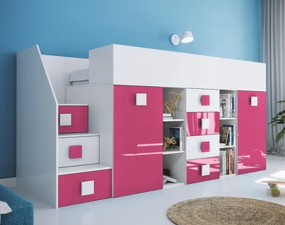 Produktbild von Hochbett Etagenbett weiß hochglanz mit Schreibtisch Schrank Regalen und Treppe links TELLY 3 weiß-rosa
