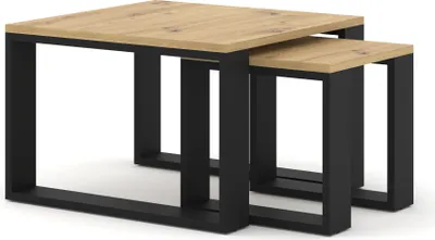 Two nesting coffee tables with wooden tops and black metal frames are shown against a white background.