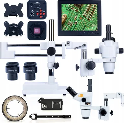 Produktbild von Rosfix Moon Pro Mikroskop-Set – Trinokular Stereo-Zoommikroskop mit HDMI Kamera + 8" Display + 56xLED Ringlicht | Planets PRO Serie | 6,7x–45x Zoom
