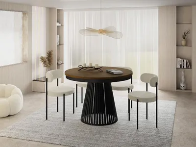 Produktbild von Esstisch Rund Ausziehbar mit Lamellen im Loft-Stil – 100 bis 180 cm – Industrieller Tisch mit Schwarzen Metallbeinen, Platzsparend für Wohnzimmer oder Esszimmer – Braun