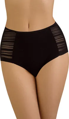 A close-up shot of a woman's lower torso wearing black high-waisted briefs with sheer striped panels on the sides.