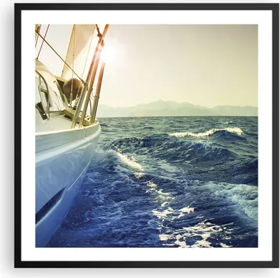 Produktbild von Gerahmtes Poster - Schwarzer Rahmen - Yacht Segelboot Sonne - 60x60 cm - Wand Bild - Wanddeko - Wandbilder - Kunstposter - Wandposter - Bilderrahmen - Bilder - Kunstdruck - Wandbild - P2BAC60x60-4138