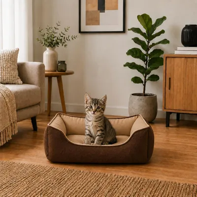 Produktbild von belviona Katzenbett, wendbares Katzenkörbchen mit 2-in-1 Funktion, weich gepolstert & pflegeleicht, 60x50 cm, braun/beige