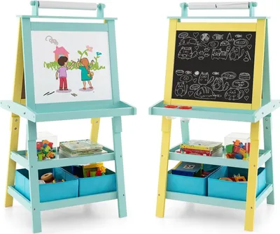 Image de Chevalet pour enfants - Tableau 3 en 1 - Tableau blanc et tableau noir double face - Rouleau de papier - 2 niveaux - 2 boîtes de rangement - Pour les 3-6 ans - Jaune