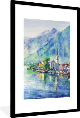 Produktbild von MuchoWow® Gerahmtes Poster Gemälde - Ölfarbe - Haus - Berge - Wasser 60x90 cm - Poster mit Schwarzem Bilderrahmen Wandposter Rahmen Foto Bilder - Dekoration - Wandposter Wohnzimmer - Hochwertig