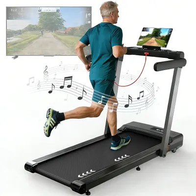 Immagine prodotto di Tapis roulant 3-in-1 – Ideale per l'allenamento a casa e in ufficio – Elettrico, 2,5 CV, funzionamento silenzioso – Pieghevole – Altoparlante Bluetooth – 12 programmi – Telecomando – Doppio display a LED