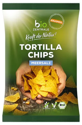 Zdjęcie produktu dla Organiczne chipsy Tortilla Chips z solą morską, chrupiące, złocistożółte, pikantne i pyszne 125 g