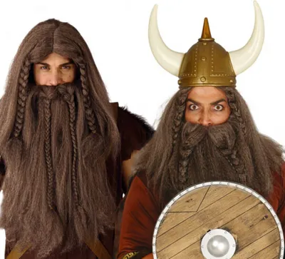 Produktbild von Wikinger Krieger Perücke Mit Bart Zopf Mittelalter Party Kostüm Halloween Fasching Haarteile Rolle Spielen Zeitreise, Farbe: Braun