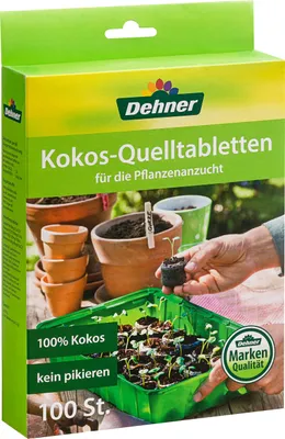 Produktbild von Dehner Kokos-Quelltabletten, mit Nährstoff-Mix, zur Anzucht von Stecklingen, Sämlingen und Saaten, Ø 38 mm, 100 Stück