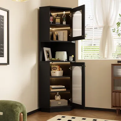 Produktbild von Badschrank mit Lichtleiste und Zwei Ablagefächern Badezimmerschrank Badkommode Badezimmermöbel 45x45x166,5 cm Schwarz