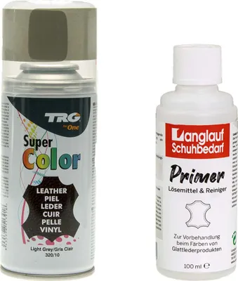 Produktbild von TRG Lederfarbspray 150ml Dose + Primer Lederreiniger 100ml - Color Spray, Farbspray Schnelltrocknend, Abriebfest - zum Färben aller Glattleder und Kunstleder hellgrau 320/10