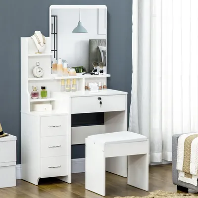 Imagen del producto de Conjunto de tocador Sweiko que incluye taburete, 4 cajones, 1 espejo, color blanco