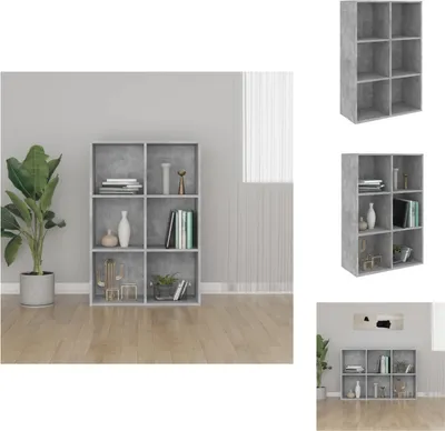 A collage of images showing a concrete-gray bookshelf with multiple compartments, both in a room setting and as standalone product shots.