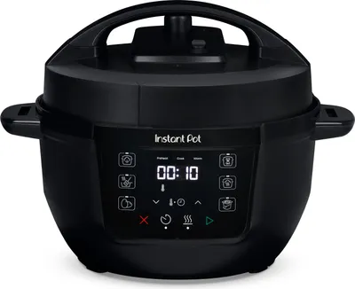 A black Instant Pot multi-cooker is shown from the front against a white background.