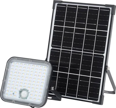 A solar-powered floodlight and its accompanying solar panel are shown against a white background.