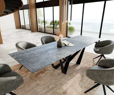 Produktbild von DELIFE Esstisch Edge 200-300x100 Keramik Laminam®Nero Greco Anthrazit Spider Flachstahl Schwarz ausziehbar