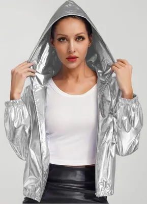 Produktbild von Damen Herren Metallic Jacke Silber mit Kapuze Gr M – Glänzende Festival Karneval Disco Jacke Party Karneval Fasching Halloween