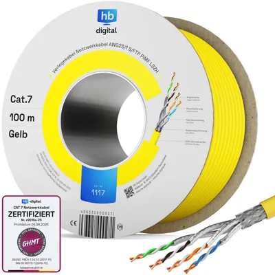 Produktbild von hb-digital CAT 7 Verlegekabel 100m Ethernet Datenkabel Installationskabel max.1000 MHz S/FTP AWG23 LSZH gelb