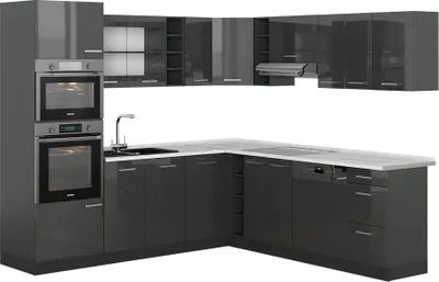 Image de Cuisine en angle Vicco R-Line Anthracite Haute brillance 247x60cm , PT Marbre, Model 53362