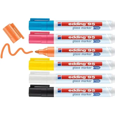 Produktbild von Edding 95 Glass, 6 Stück(e), Schwarz, Blau, Orange, Pink, Weiß, Gelb, Rundspitze, Mehrfarbig, Kunststoff, 1,5 mm