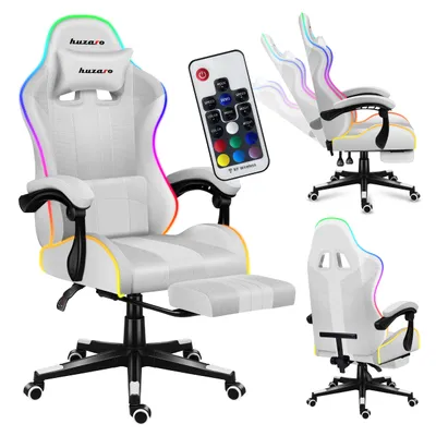 Produktbild von Huzaro Force 4.7 RGB | LED Gaming Stuhl Computerstuhl | 90-140° Neigungswinkel | Kopfstütze Lendenkissen Höhenverstellbar Fußstütze | 140 kg | Weiß