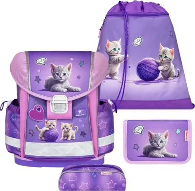 A collage of a 4-piece school set featuring kittens.