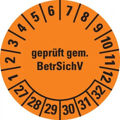Produktbild von Dreifke® Prüfplakette BetrSichV,27-32,orange,Dokumentenfolie,selbstkl.,Ø 30mm...