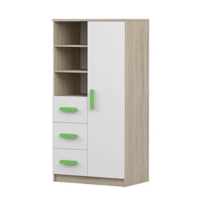 Produktbild von Kinder-Bücherregal Jonas 05 – 80 cm, Sonoma/Weiß mit Grünen Griffen, 3 Schubladen & 1 Tür