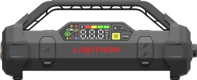 A front-facing view of a portable jump starter and air compressor.