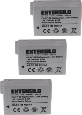 Produktbild von EXTENSILO 3x Akku kompatibel mit Canon EOS 600D, Kiss X6i, 650D, Rebel T2i, 700D, Kiss X5, 550D, Kiss X4, Kiss X7i Kamera (1140 mAh, 7,4 V, Li-Ion)
