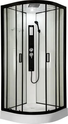 A modern shower cabin with a black frame and a black shower panel.