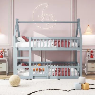 Obrázek produktu pro okwish Patrová postel 90x200 cm se schody, vysoká postel s ochranou proti pádu, masivní dřevěná postel pro děti, postel rám s roštem (spodní postel bez roštu), šedá