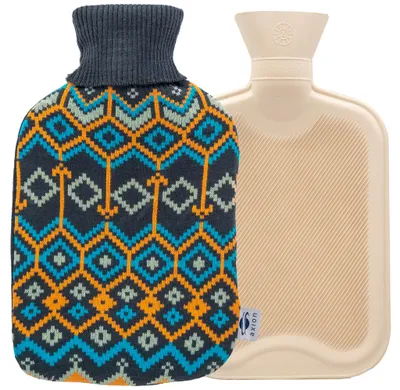 Image de axion® bouillotte avec housse, tricot bleu foncé avec motif diamant, 33 x 20 cm, env. 2 l, 100% caoutchouc naturel