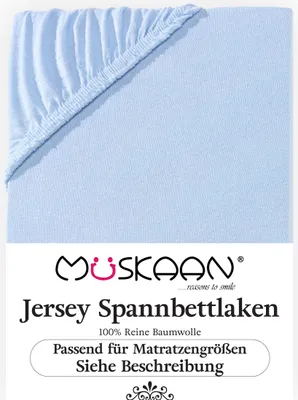 Produktbild von Müskaan Jersey Spannbettlaken 90x200cm - 100x200cm hellblau bis 22cm Matratzenhöhe Gummizug Bettlaken 100% Baumwolle