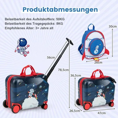 Immagine prodotto di Valigia per bambini 2 pezzi + zaino Valigia cavalcabile lunga 47 cm e zaino largo 30 cm Astronauti 12"+18"