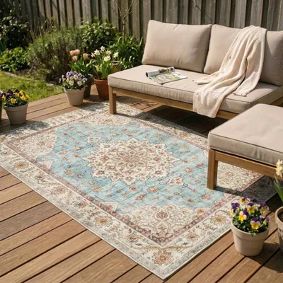 Produktbild von Volero - Vintage Gartenteppich - Santo Medaillon Hellblau - 120x170 cm - Balkon, Garten / Terrasse - Boho, Klassik, Orientalisch
