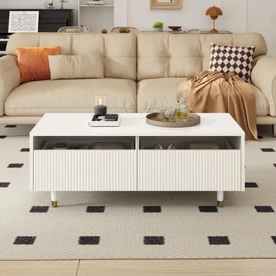 Produktbild von STILVORA Moderne Couchtisch mit gewellte Schubladenplatte und gold-weiße Beine,Kaffeetisch mit 2 Schubladen und farbwechselnden LED-Lichtstreifen,Weiß
