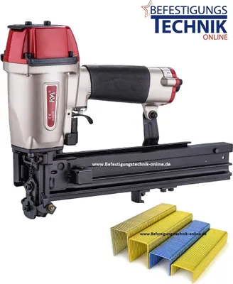 A pneumatic stapler and several stacks of staples are shown against a white background.
