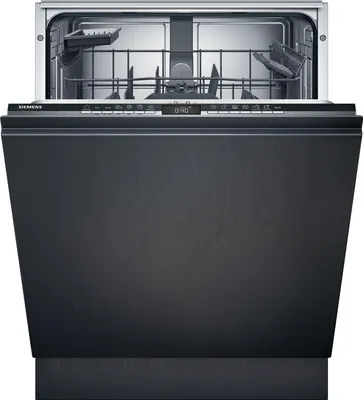 A front view of a black Siemens dishwasher with the door open, showing the interior racks and control panel.
