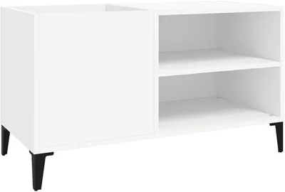 Productafbeelding van Platenkast, wit, 84,5 x 38 x 48 cm. Platenrek van houtvezel met metalen poten. Vinylrek voor het opbergen van LP's en een kast voor platenspelers. Bijzetkast voor de woonkamer