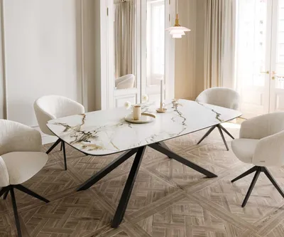 Produktbild von DELIFE Esstisch Edge Boot 200x100 Keramik Calacatta Luxe Weiß-Gold-Grau Kreuzgestell Rechteck Schwarz