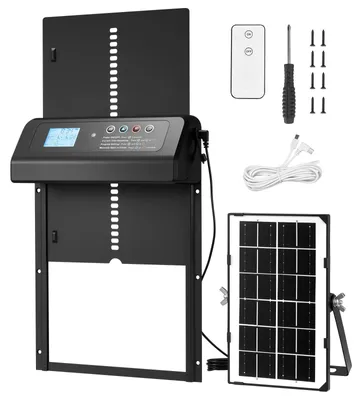 Immagine prodotto di SucceBuy: porta automatica per polli con alimentazione solare e a batteria, display LCD, telecomando, sensore di luce e timer, funzione di sicurezza anti-intrappolamento, robusta porta in lega di alluminio, 350x250x73 mm, nero
