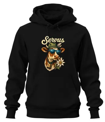 Productafbeelding van Servus Kuh Edelweiß zonnebril, Beierse kleding, lederen broek, hoodie, capuchontrui, zwart, maat XL