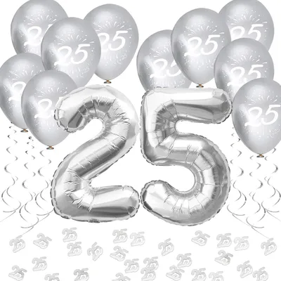 Produktbild von Oblique Unique 25. Geburtstag Silberhochzeit Deko Set - Luftballons Zahl 25 + Konfetti + Spiral Girlanden