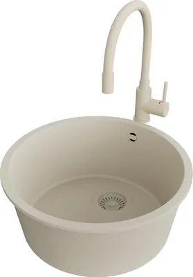 Produktbild von PRIMAGRAN Granitspüle Beige 46x46cm, Spülbecken Rund 1 Becken + Küchenarmatur 38x14cm + Ablauf-Set, Küchenspüle ab 50er Unterschrank - Valletta Slim